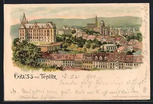 Lithographie Teplitz Schönau / Teplice, Totalansicht mit Kirche