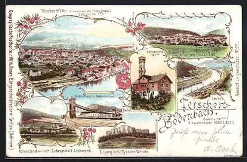 Lithographie Tetschen-Bodenbach / Decin, Schneeberg, Bodenbach, Schäferwand mit Kettenbrücke, Landwirtsch. Lehranstalt