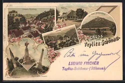 Lithographie Teplitz Schönau / Teplice, Russisches Monument, Wilhelmshöhe, Probstau, Schlossberg