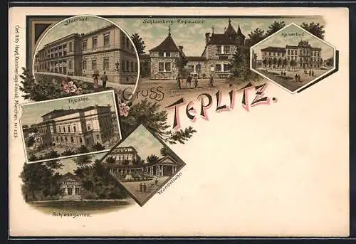 Lithographie Teplitz Schönau / Teplice, Gasthaus auf dem Schlossberg, Stadtbad, Theater, Wandelbahn