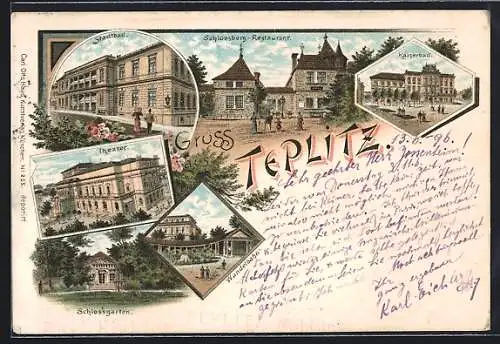 Lithographie Teplitz, Schlossberg-Restaurant, Stadtbad, Theater, Kaiserbad