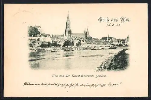 AK Ulm / Donau, Uferpartie mit Münster von der Eisenbahnbrücke gesehen