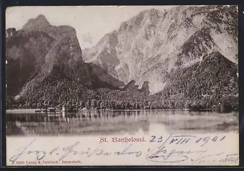 AK St. Bartholomä, Kirche am Königssee mit Bergen