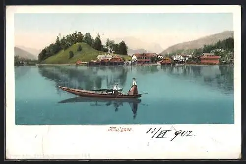 AK Königssee / Berchtesgaden, Uferpanorama mit Boot