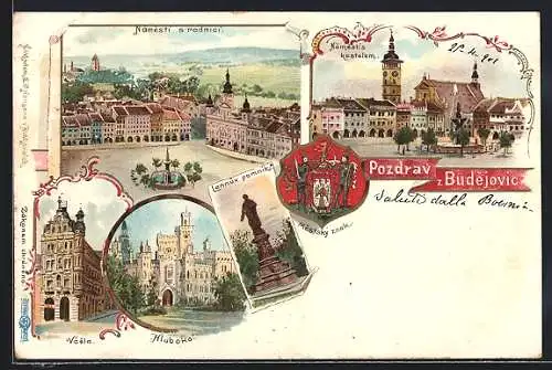 Lithographie Budweis / Ceske Budejovice, Domkirche Lanna-Denkmal Frauenberg Ringplatz mit Rathaus