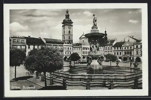 AK Böhm. Budweis, Restaurant Stein mit Brunnen