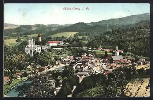 AK Rosenberg, Panorama mit Burg und Hügellandschaft