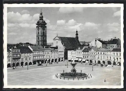 AK Budweis, Platz mit Brunnen und Geschäften