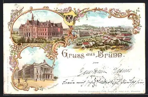 Lithographie Brünn / Brno, Deutsches Haus, Stadttheater, Panorama