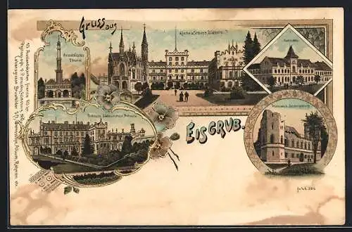 Lithographie Eisgrub, Orientalischer Turm, Kirche und Schloss, Rathaus