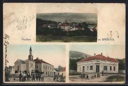 AK Spesov, Die Kirche, Gasthaus Chlup, Ortsansicht