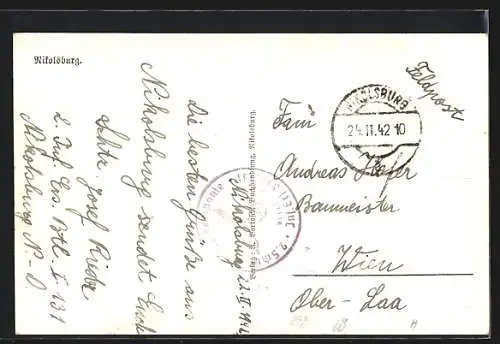 AK Nikolsburg, Ortsansicht mit Burg aus der Vogelschau