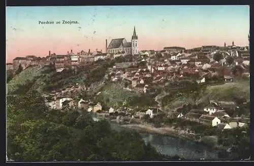 AK Znaim, Stadtansicht bei Dämmerung