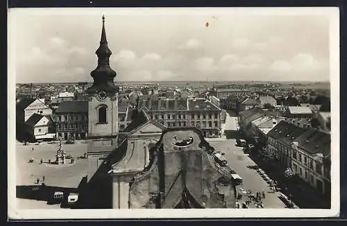 AK Göding, Teilansicht mit Platz und Kirche aus der Vogelschau