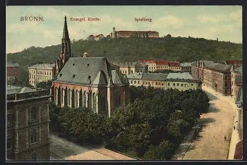 AK Brünn / Brno, Evangel. Kirche und Spielberg aus der Vogelschau