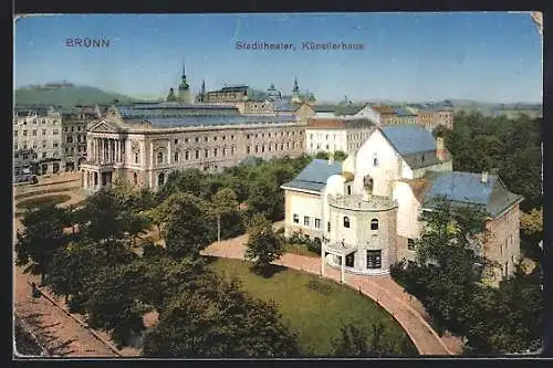 AK Brünn / Brno, Blick auf das Stadttheater und Künstlerhaus