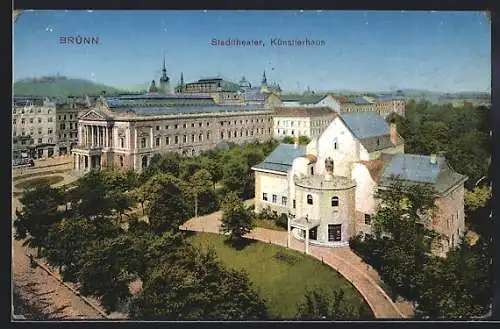 AK Brünn / Brno, Blick auf das Stadttheater und Künstlerhaus