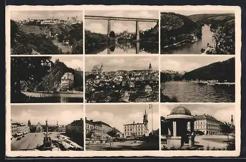 AK Znojmo, Ortsansicht, Flusspartie, Nordwestbahnbrücke