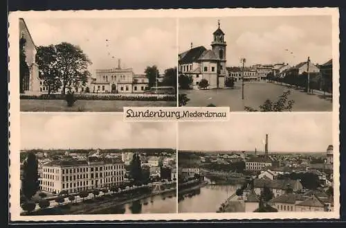 AK Lundenburg /Niederdonau, Strassenpartie mit Kirche, Flusspartie aus der Vogelschau