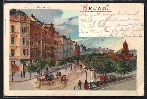 Lithographie Brünn / Brno, belebter Bahnring