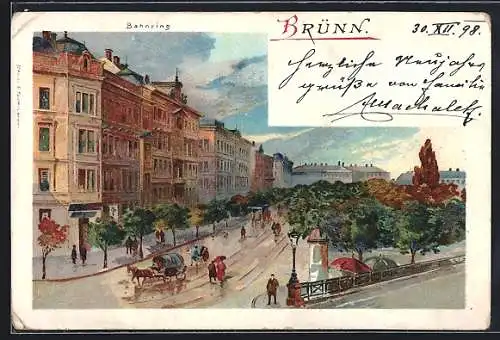 Lithographie Brünn / Brno, belebter Bahnring