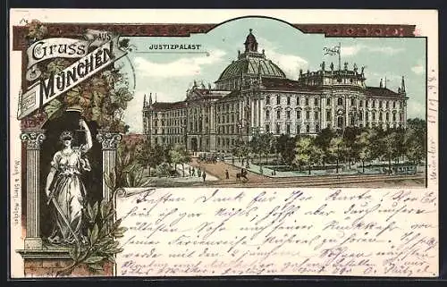 Lithographie München, Justizpalast aus der Vogelschau, Justizia