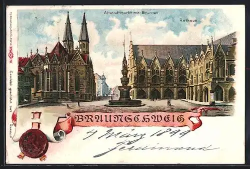 Lithographie Braunschweig, Altstadtmarkt mit Brunnen und Rathaus, Siegel