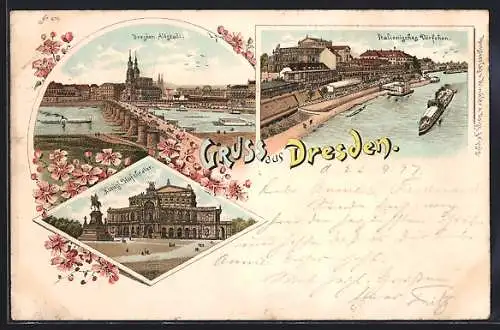 Lithographie Dresden, Altstadtpartie mit Brücke, Königliches Hoftheater, Italienisches Dörfchen