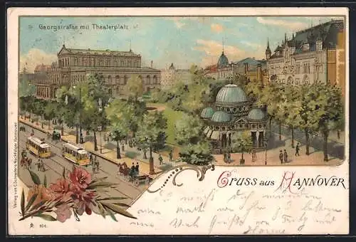 Lithographie Hannover, Georgstrasse mit Strassenbahn und Theaterplatz