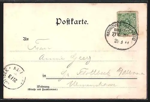 Lithographie Hannover, Georgstrasse mit Strassenbahn und Theaterplatz