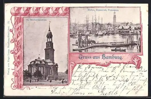 AK Hamburg, St. Michaeliskirche und Hafen, Baumwall und Vorsetzen