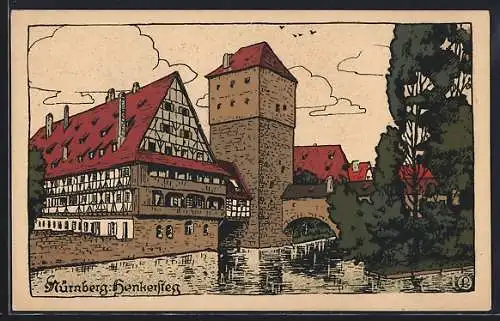 Steindruck-AK Nürnberg, Henkersteg mit Turm