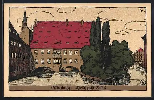 Steindruck-AK Nürnberg, Flusspartie am Heiliggeist-Spital
