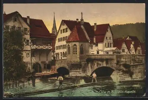 AK Calw, Flösser an der Brücke bei der Nikolaus-Kapelle