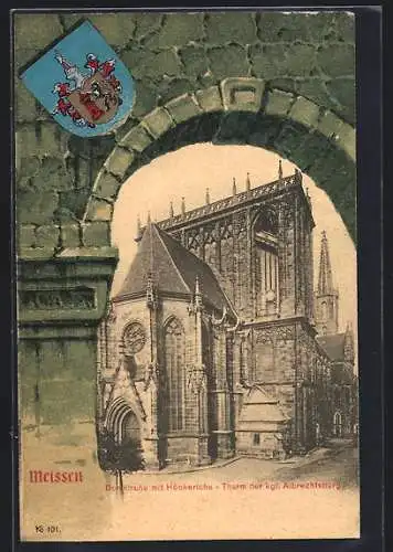 Lithographie Meissen, Domkirche mit Höckeriche-Thurm der kgl. Albrechtsburg, Mauerbogen als Passepartout, Wappen