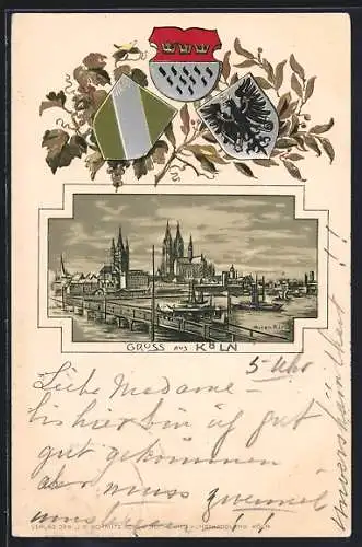 Passepartout-Lithographie Köln, Alten Kirch und Rahmen mit Wappen