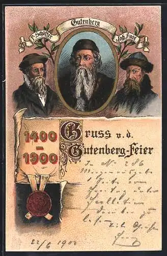 AK Gutenberg-Feier 1900, Portraits von P. Schöffer, Gutenberg und Joh. Fust