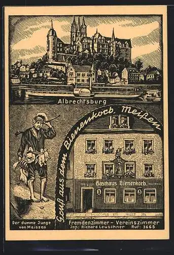 Künstler-AK Meissen, Albrechtsburg, Gasthaus Bienenkorb, Der dumme Junge von Meissen