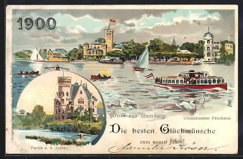 Lithographie Hamburg-Uhlenhorst, Blick von der Aussenalster auf das Uhlenhorster Fährhaus