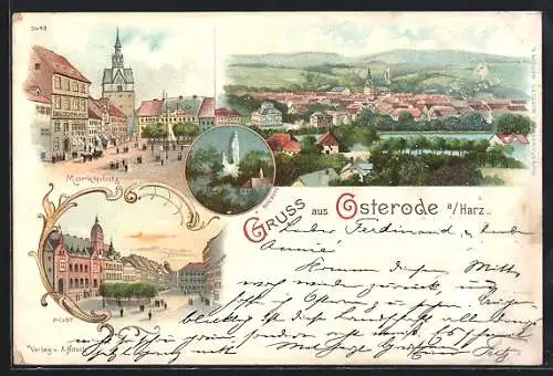 Lithographie Osterode a. Harz, Teilansicht, Marktplatz, Post