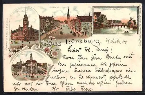 Lithographie Lüneburg, Kaiserl. Post, Am Sande, Viskühlenhof u. Kaufhaus