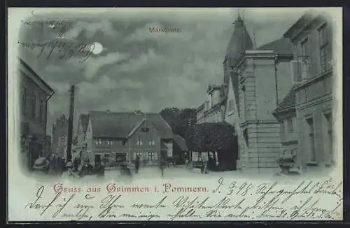 Mondschein-AK Grimmen i. Pommern, Marktplatz bei Nacht