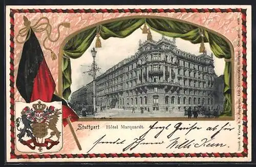 Passepartout-Lithographie Stuttgart, Hotel Marquardt, Wappen, Fahne