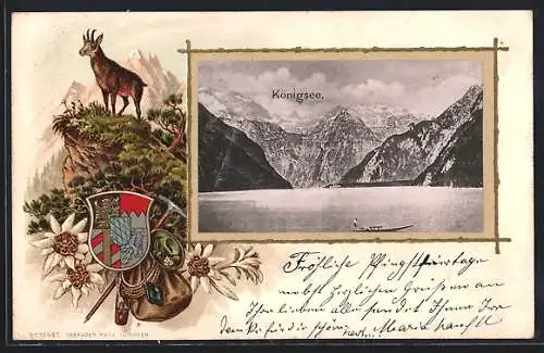 Passepartout-Lithographie Königsee / Berchtesgaden, Rahmen mit Wappen, Edelweiss und Gamsgeiss