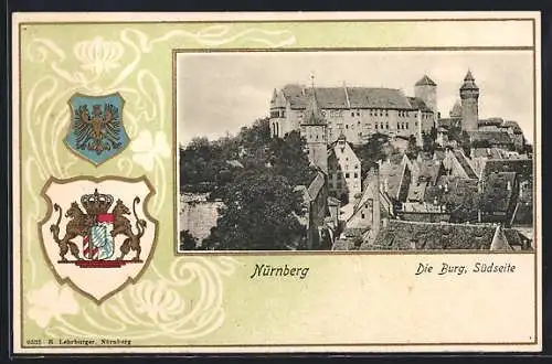 Passepartout-Lithographie Nürnberg, Die Burg von der Südseite, Rahmen mit Wappen