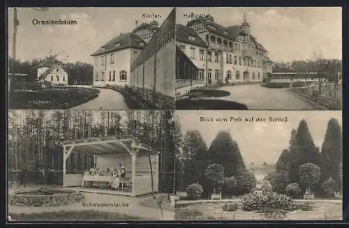 AK Oranienbaum, Kinderheilstätte, Schwesternlaube, Blick vom Park auf das Schloss