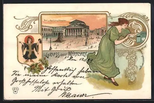 Lithographie München, Münchner Kindl mit Bibel, Hof und Nationaltheater, Jugendstil