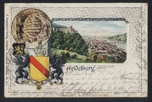 Passepartout-Lithographie Heidelberg / Neckar, Ortsansicht und Rahmen mit Bierfass und Wappen