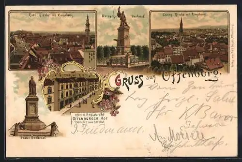 Lithographie Offenburg, Kath. Kirche, Kriegerdenkmal, Evang. Kirche, Brake-Denkmal, Rathaus