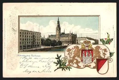 Passepartout-Lithographie Hamburg, Blick auf das Rathaus, Wappen